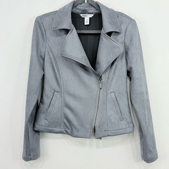 WHBM Outlet Slate Blue Gray Faux Suede Moto Style Side Zip Crop Jacket - Picture 1 of 16